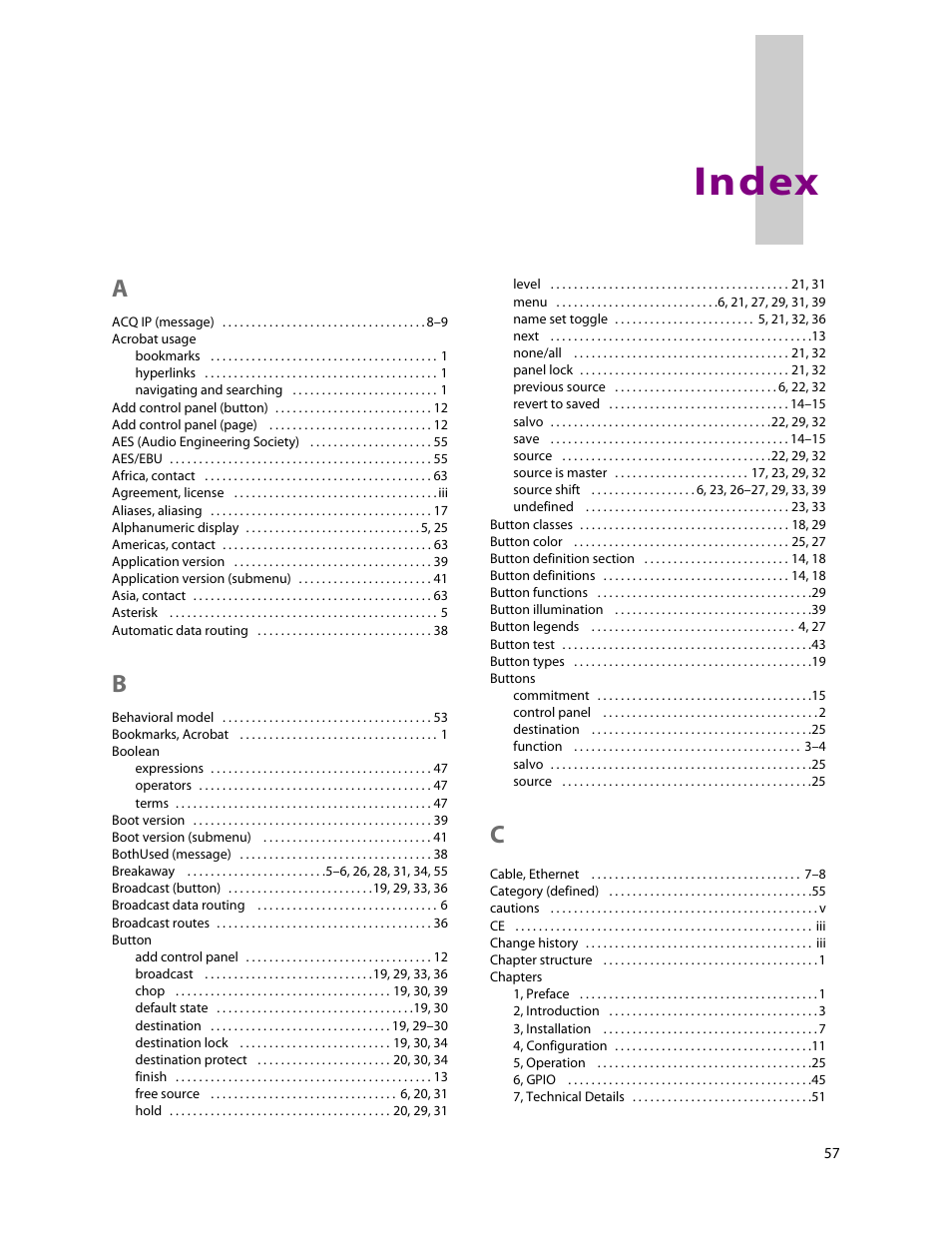 Index | Grass Valley NV9605 v.1.1 User Manual | Page 67 / 74