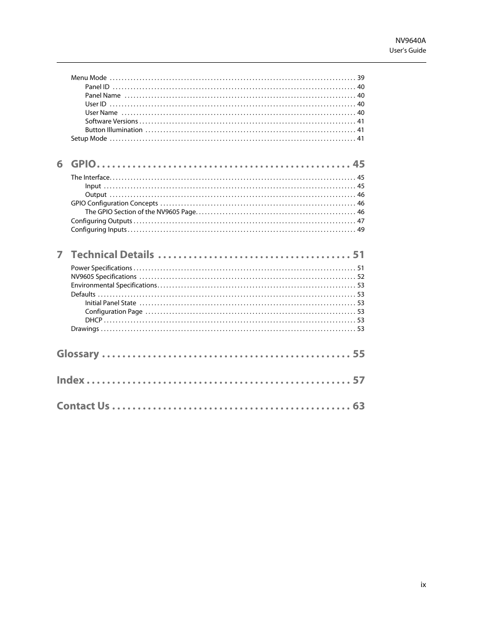 6 gpio, 7 technical details, Glossary index contact us | Grass Valley NV9605 v.1.1 User Manual | Page 9 / 74