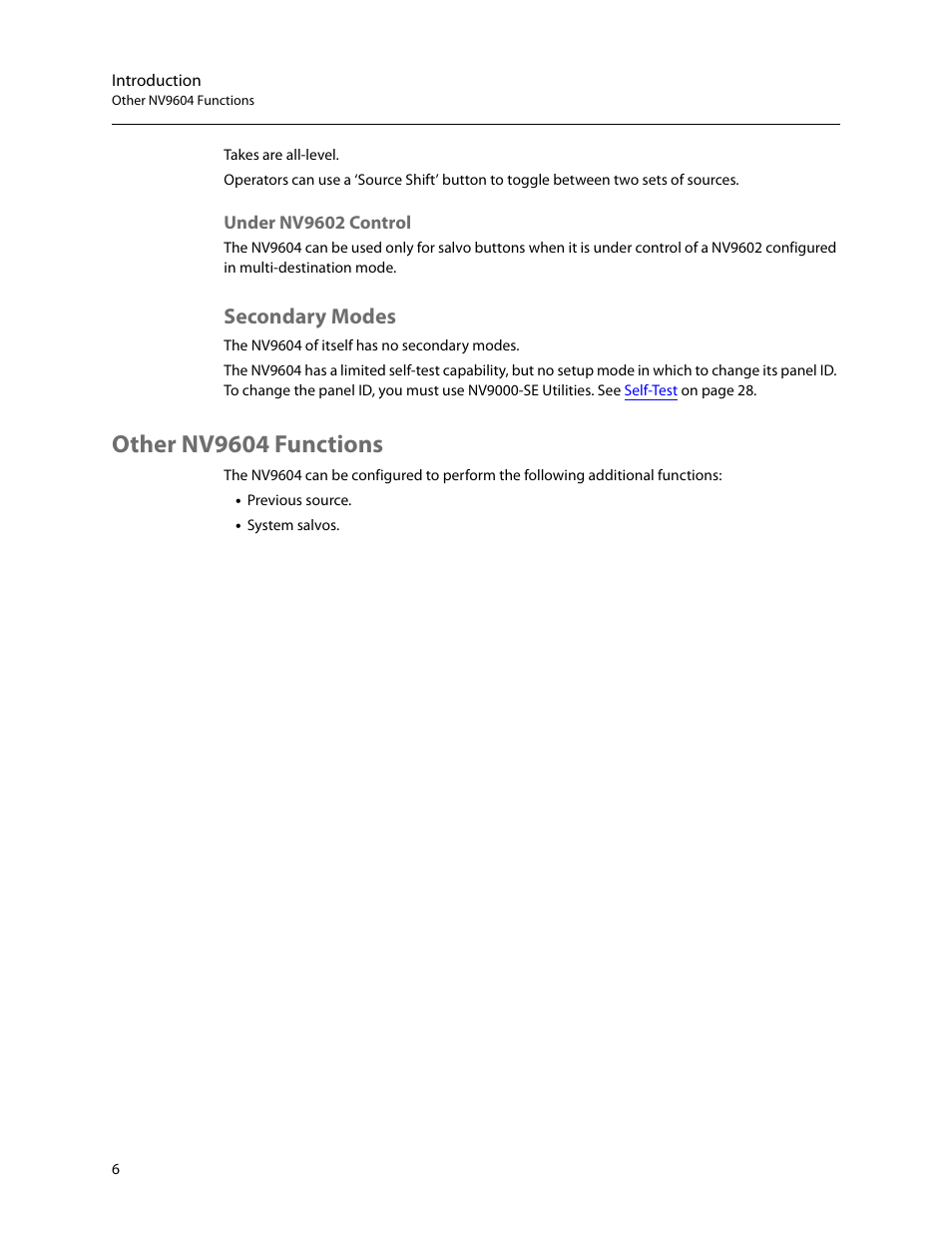 Under nv9602 control, Secondary modes, Other nv9604 functions | Grass Valley NV9604 v.1.1 User Manual | Page 14 / 52