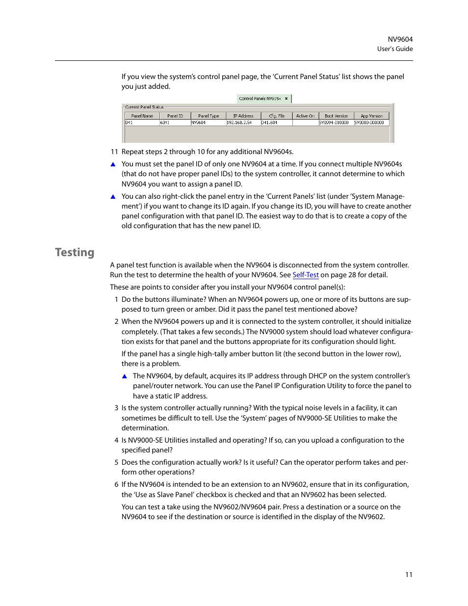 Testing | Grass Valley NV9604 v.1.1 User Manual | Page 19 / 52
