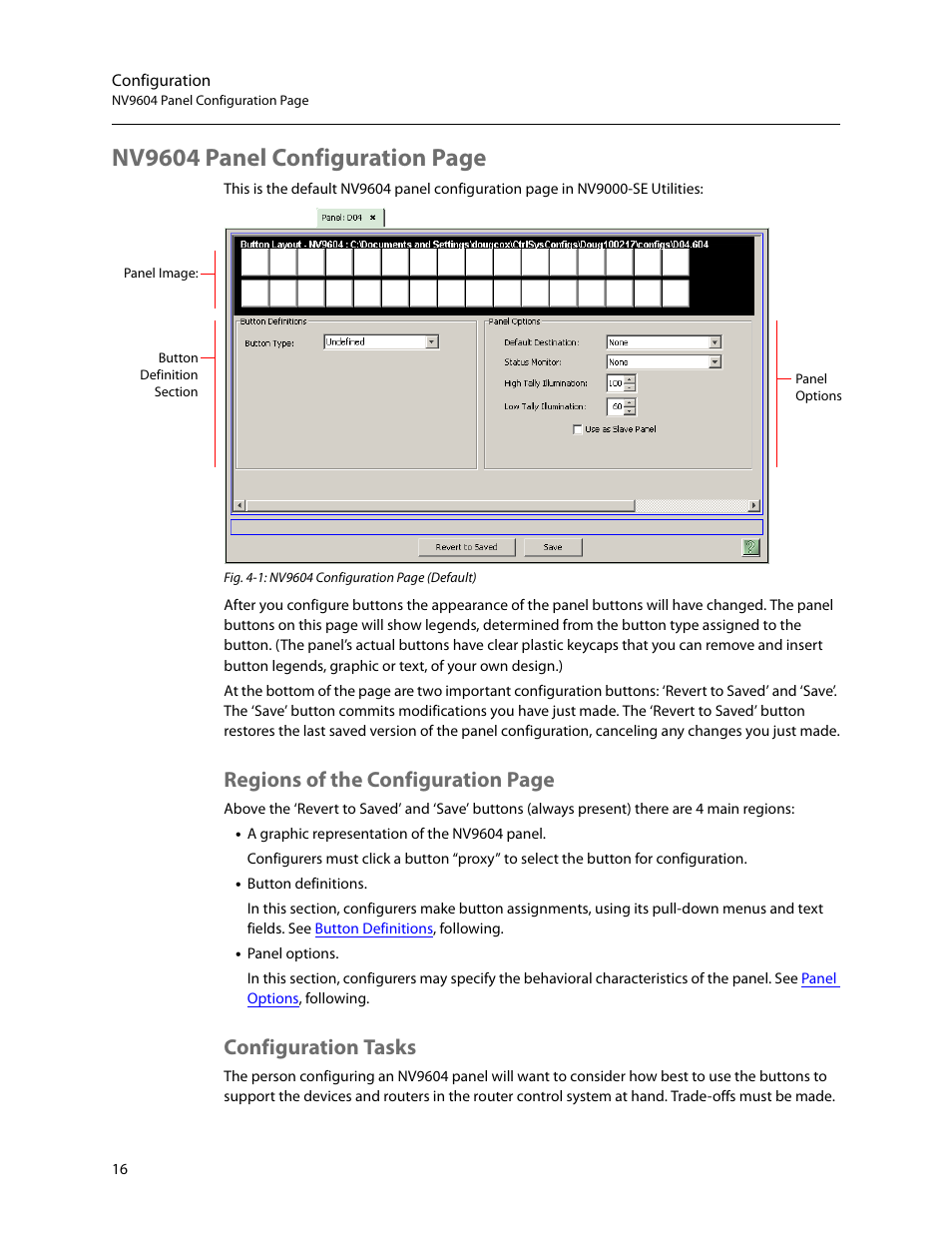 Configuration tasks, Figure 4-1, Nv9604 panel configuration page | Regions of the configuration page | Grass Valley NV9604 v.1.1 User Manual | Page 24 / 52