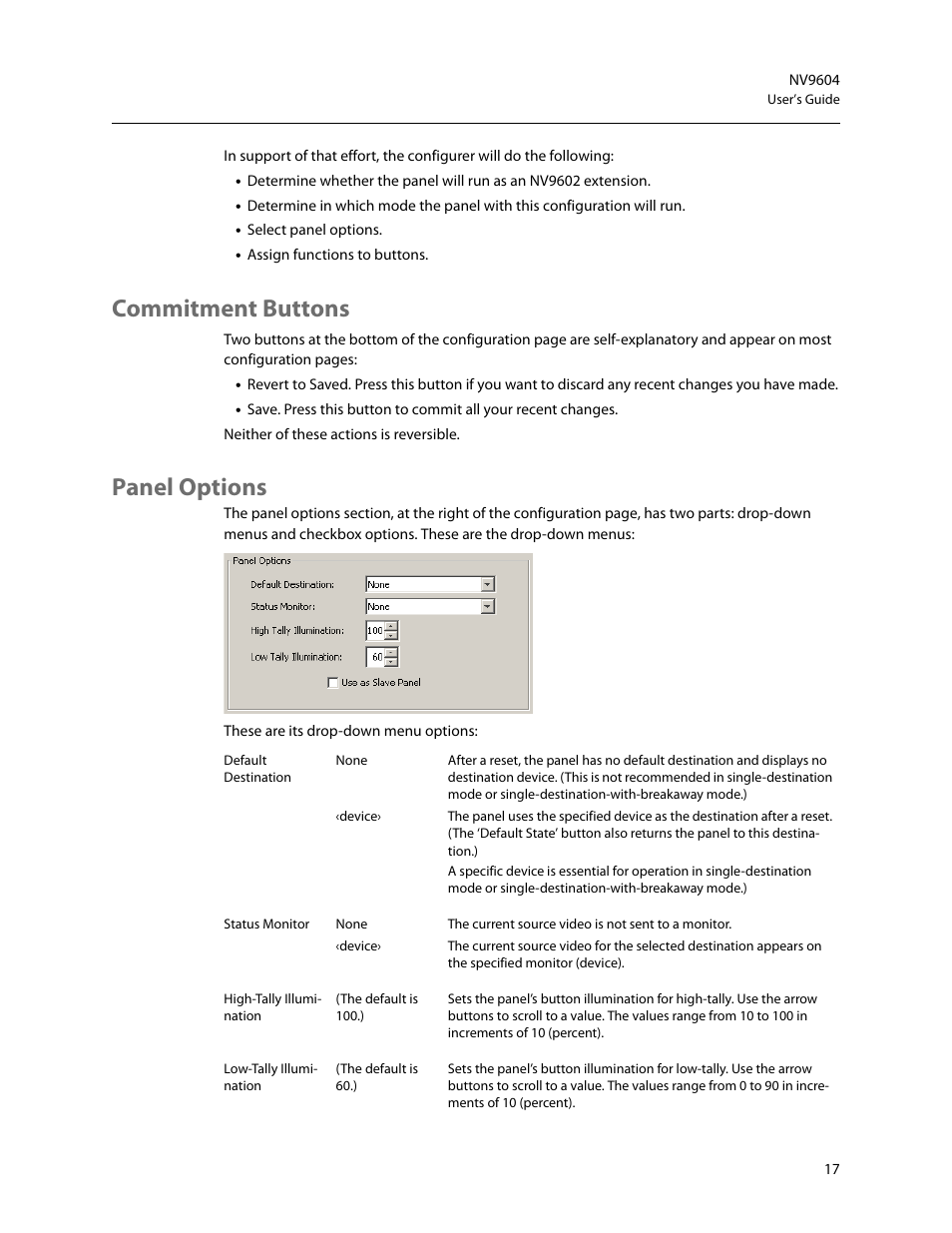 Commitment buttons, Panel options, Commitment buttons panel options | Panel, Options | Grass Valley NV9604 v.1.1 User Manual | Page 25 / 52