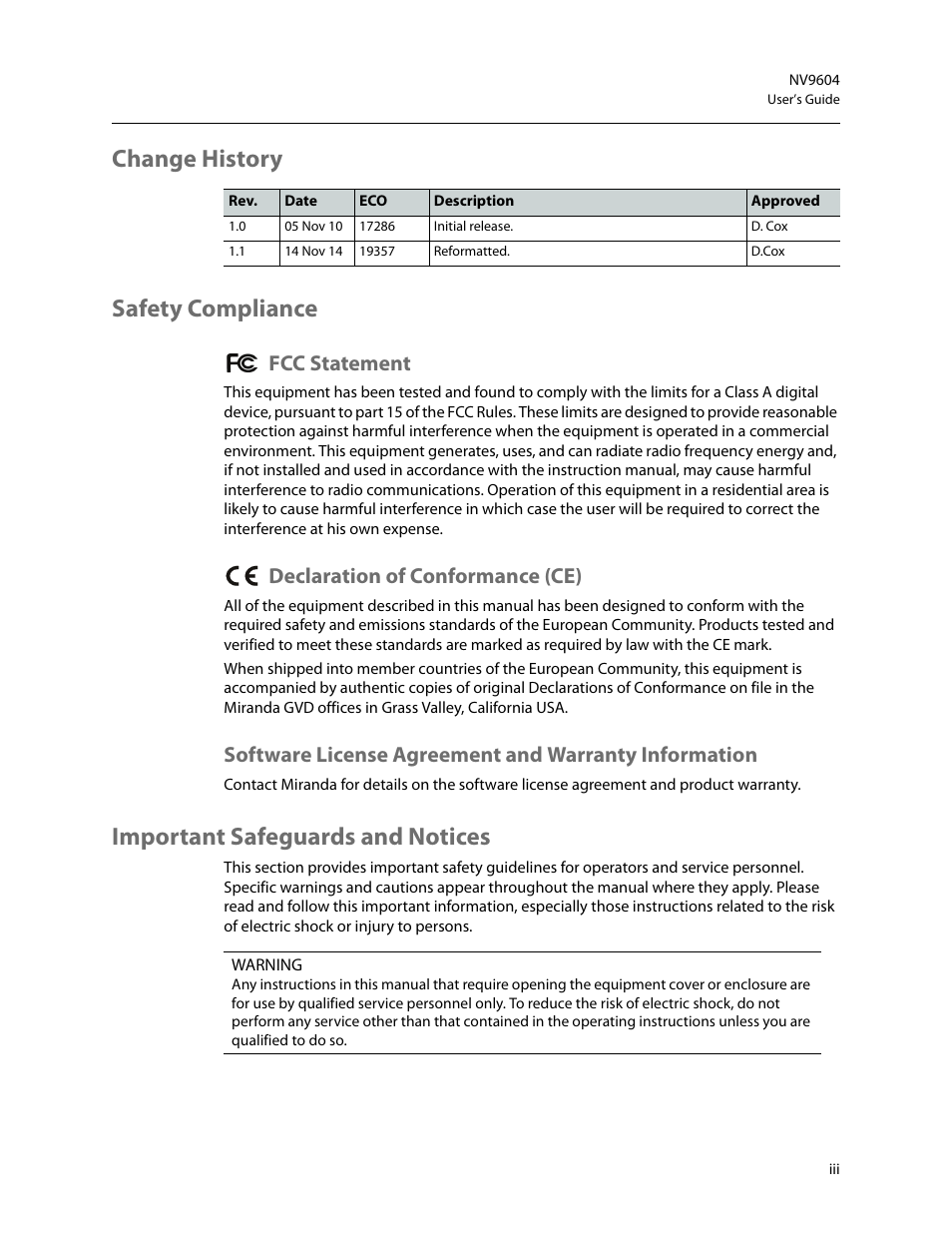 Change history safety compliance, Important safeguards and notices, Fcc statement | Declaration of conformance (ce) | Grass Valley NV9604 v.1.1 User Manual | Page 3 / 52