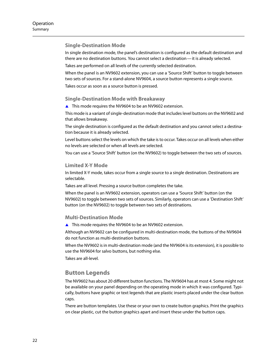 Single-destination mode, Single-destination mode with breakaway, Limited x-y mode | Multi-destination mode, Button legends | Grass Valley NV9604 v.1.1 User Manual | Page 30 / 52