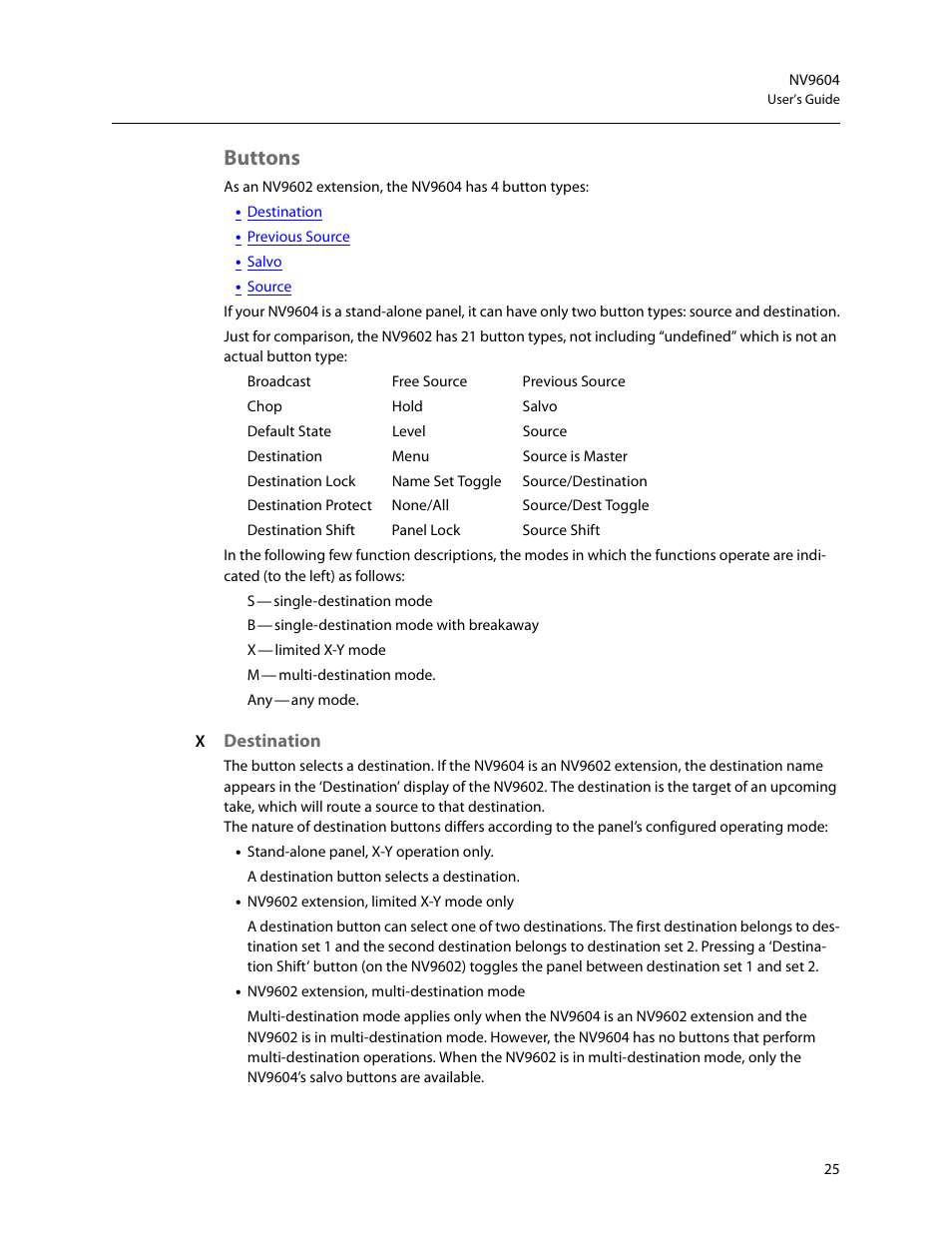 Buttons, Destination | Grass Valley NV9604 v.1.1 User Manual | Page 33 / 52