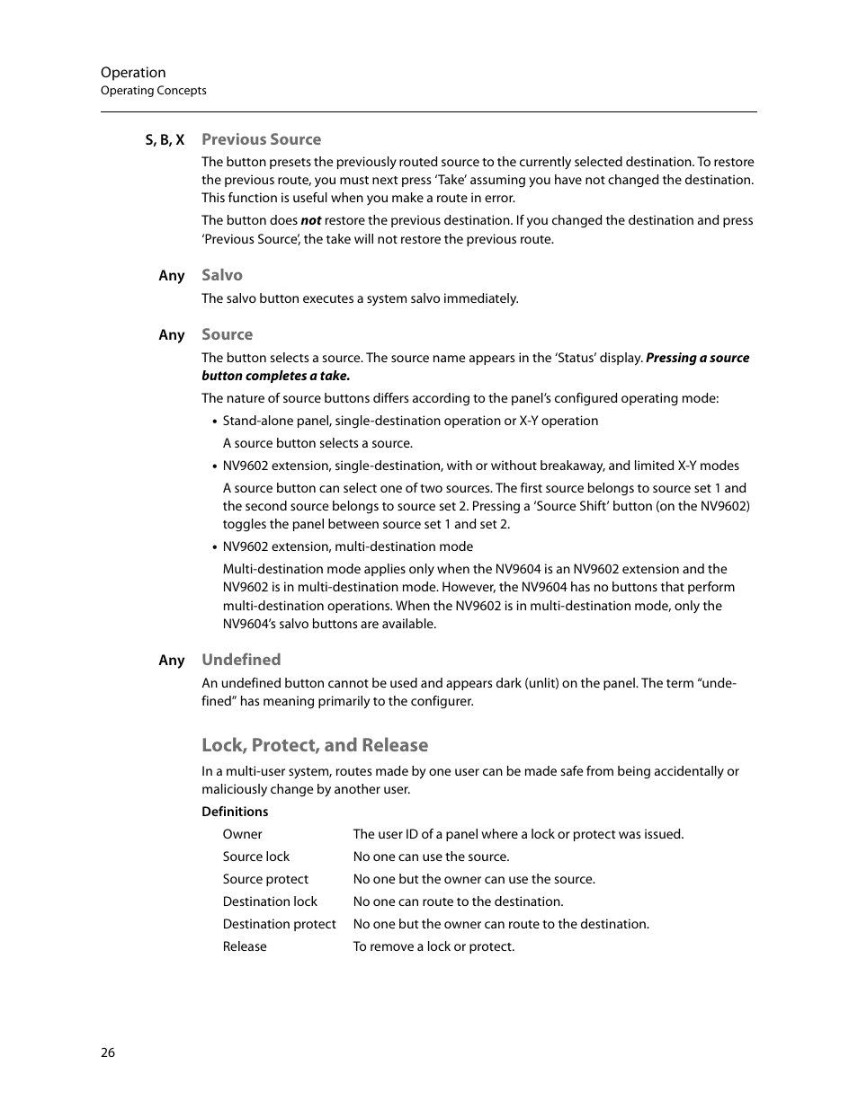Previous source, Salvo, Source | Undefined, Lock, protect, and release, Previous source salvo source undefined | Grass Valley NV9604 v.1.1 User Manual | Page 34 / 52