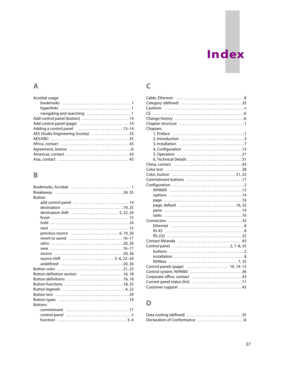 Index | Grass Valley NV9604 v.1.1 User Manual | Page 45 / 52