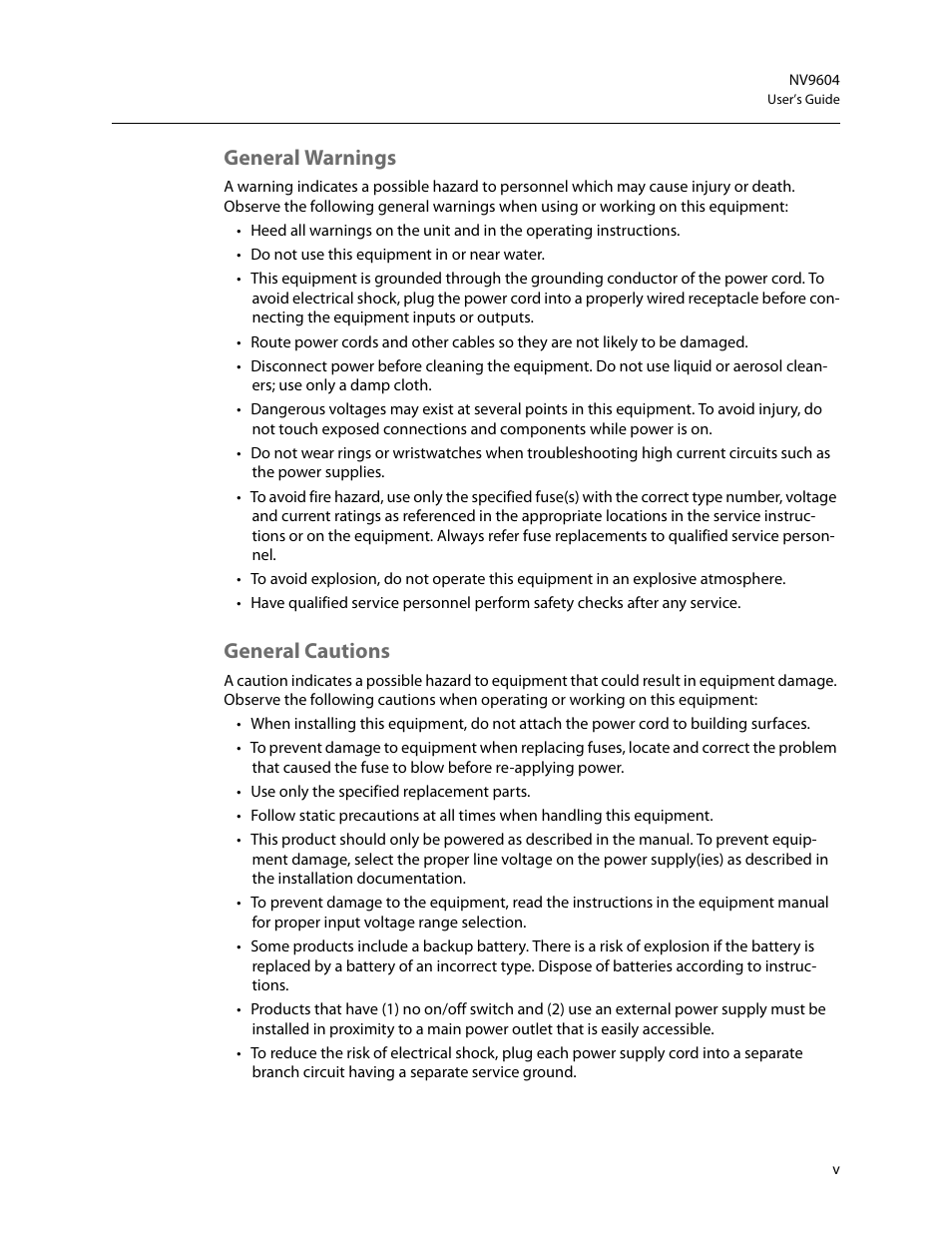 General warnings, General cautions | Grass Valley NV9604 v.1.1 User Manual | Page 5 / 52