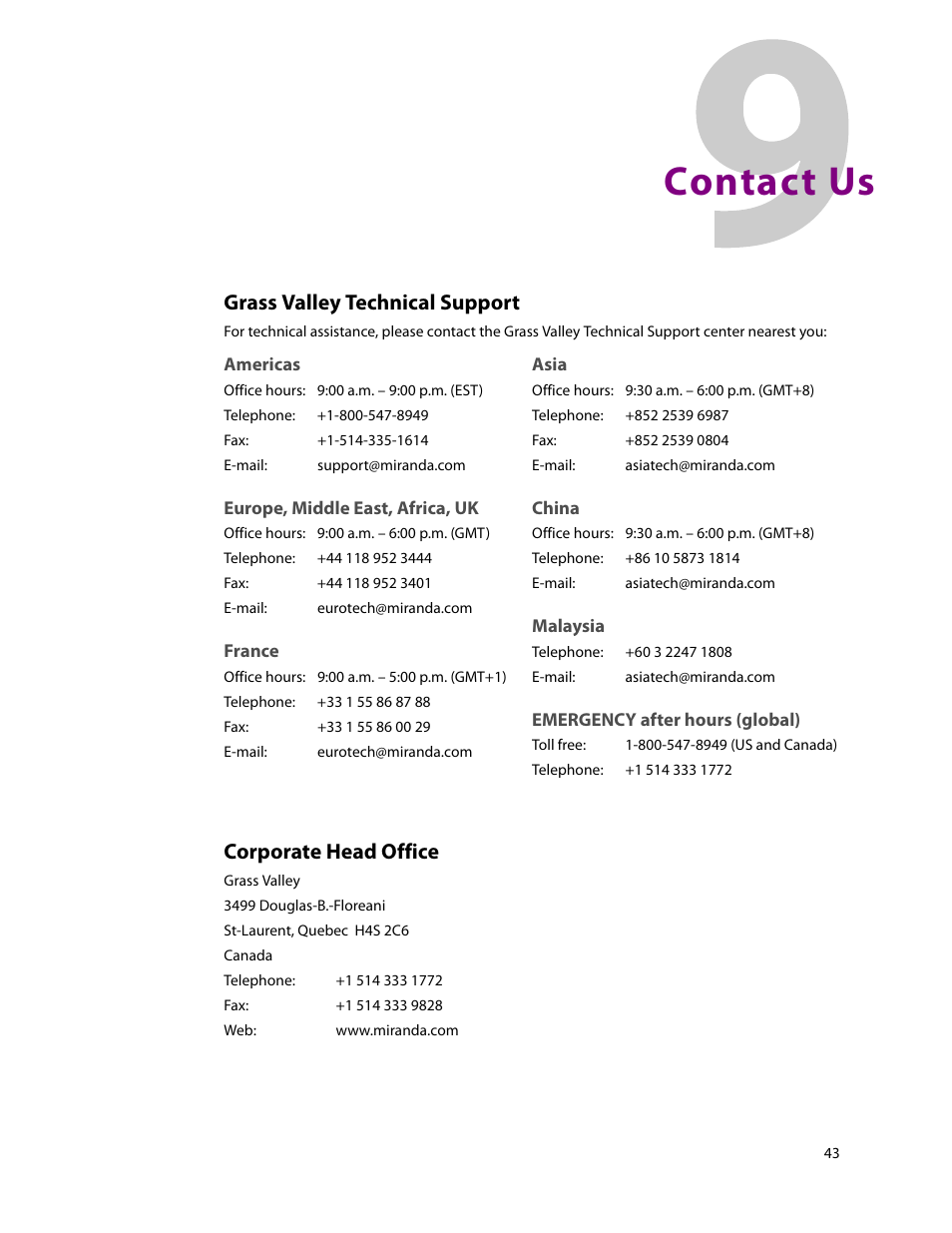 Contact us, R to, Grass | Valley technical support, Africa, contact, Americas, contact asia, contact, China, contact, Contact miranda, Corporate office, contact, Customer support | Grass Valley NV9604 v.1.1 User Manual | Page 51 / 52