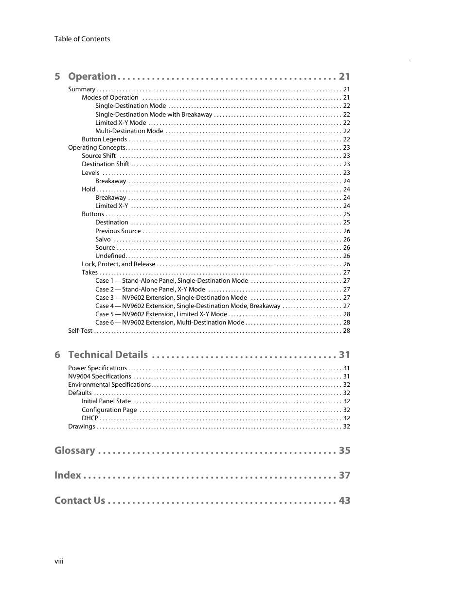 5 operation, 6 technical details, Glossary index contact us | Grass Valley NV9604 v.1.1 User Manual | Page 8 / 52