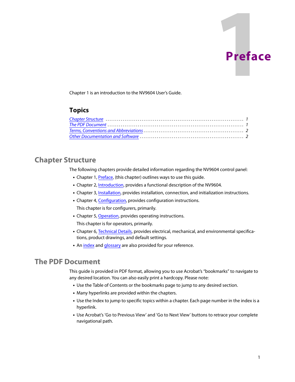 Preface, Chapter structure, The pdf document | 1 preface, Chapter structure the pdf document, Topics | Grass Valley NV9604 v.1.1 User Manual | Page 9 / 52