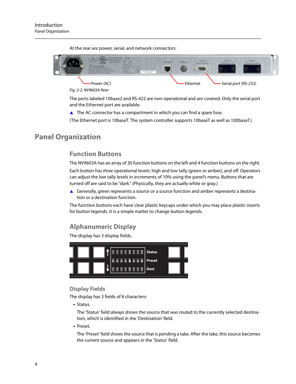 Panel organization, Function buttons, Alphanumeric display | Display fields, Function buttons alphanumeric display | Grass Valley NV9603A v.1.1 User Manual | Page 14 / 68