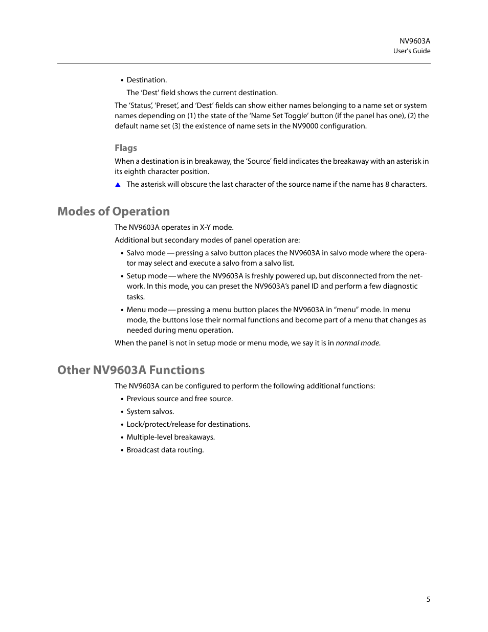 Flags, Modes of operation, Other nv9603a functions | Modes of operation other nv9603a functions | Grass Valley NV9603A v.1.1 User Manual | Page 15 / 68
