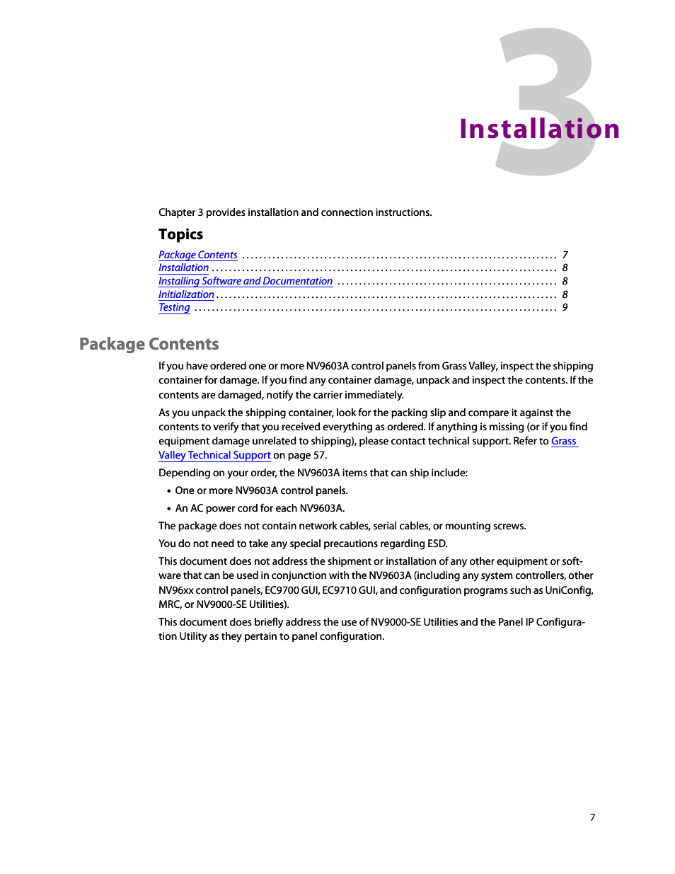 Package contents, Installation, 3 installation | Package contents package contents, Chapter 3, Topics | Grass Valley NV9603A v.1.1 User Manual | Page 17 / 68