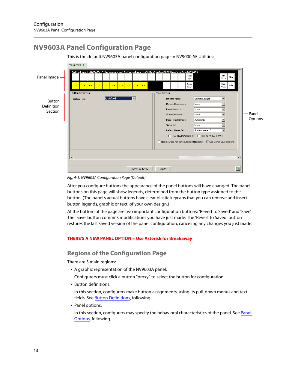 A. figure 4-1, Nv9603a panel configuration page, Regions of the configuration page | Grass Valley NV9603A v.1.1 User Manual | Page 24 / 68