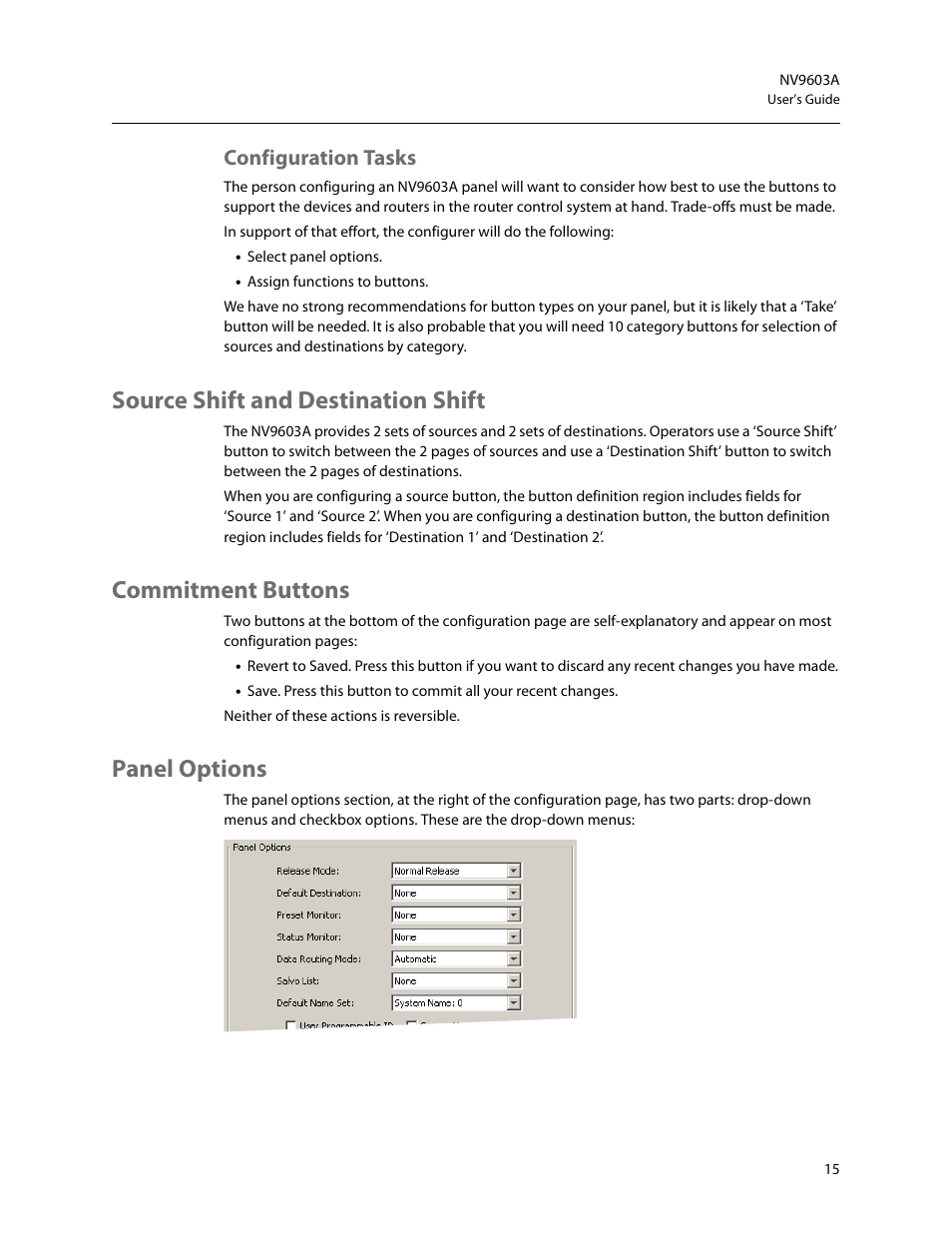 Configuration tasks, Source shift and destination shift, Commitment buttons | Panel options, Panel, Options | Grass Valley NV9603A v.1.1 User Manual | Page 25 / 68