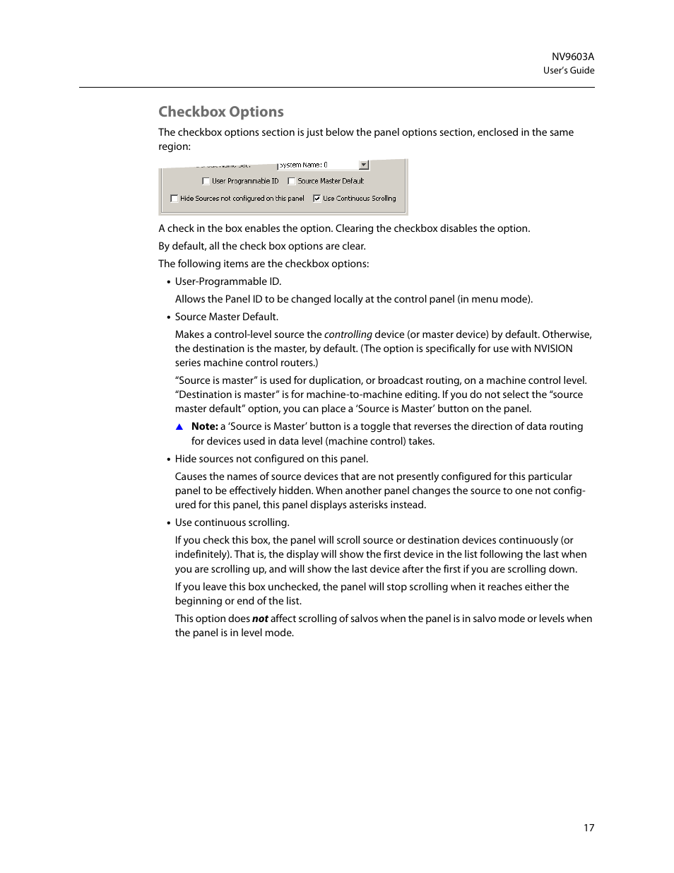 Checkbox options | Grass Valley NV9603A v.1.1 User Manual | Page 27 / 68