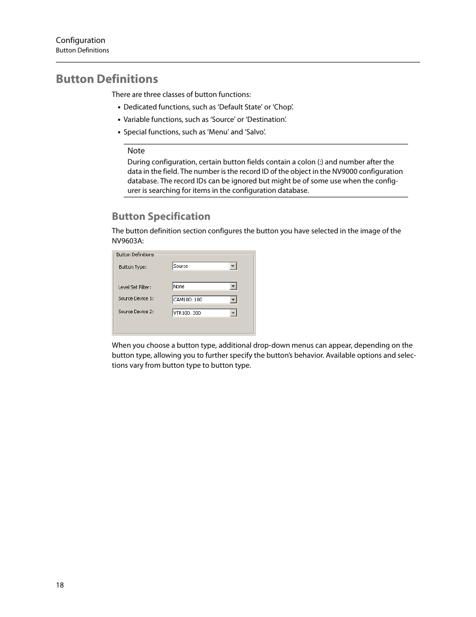 Button definitions, Button specification | Grass Valley NV9603A v.1.1 User Manual | Page 28 / 68