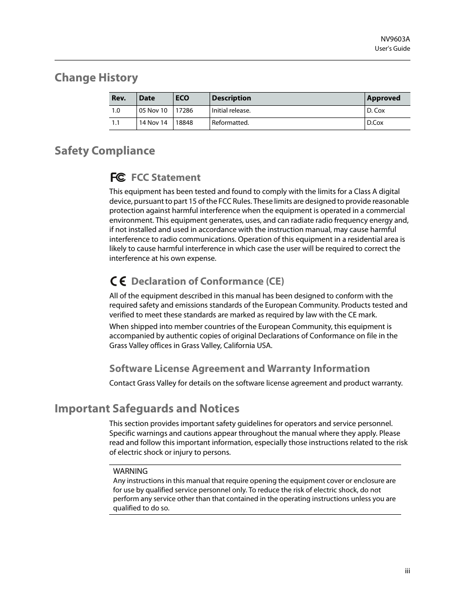Change history safety compliance, Important safeguards and notices, Fcc statement | Declaration of conformance (ce) | Grass Valley NV9603A v.1.1 User Manual | Page 3 / 68