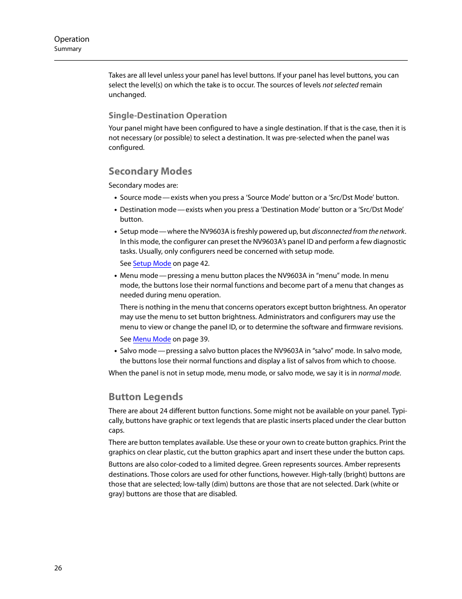 Single-destination operation, Secondary modes, Button legends | Secondary modes button legends | Grass Valley NV9603A v.1.1 User Manual | Page 36 / 68