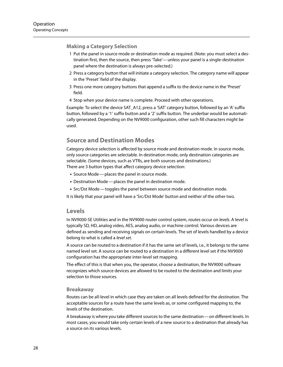 Making a category selection, Source and destination modes, Levels | Breakaway, Source and destination modes levels | Grass Valley NV9603A v.1.1 User Manual | Page 38 / 68