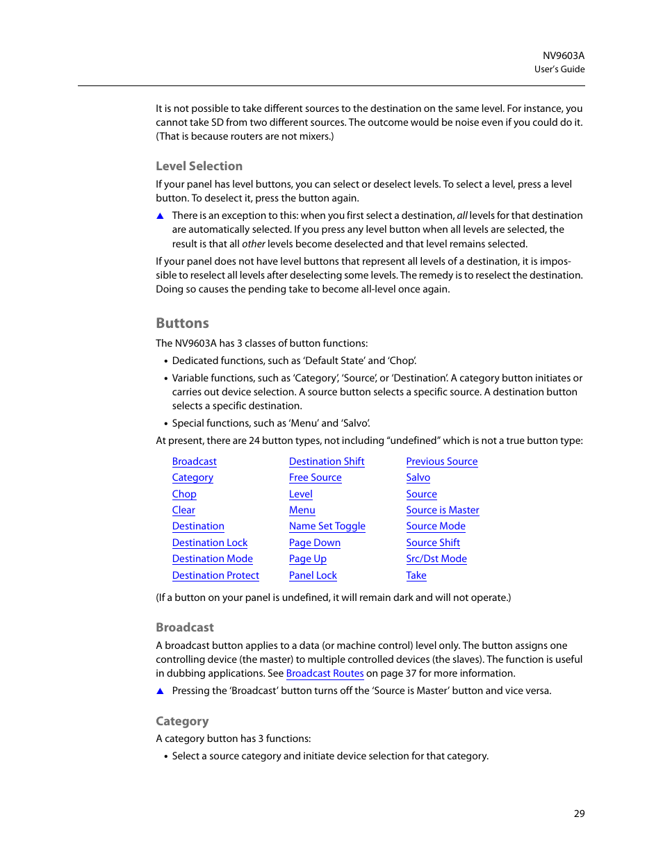 Level selection, Buttons, Broadcast | Category, Broadcast category | Grass Valley NV9603A v.1.1 User Manual | Page 39 / 68