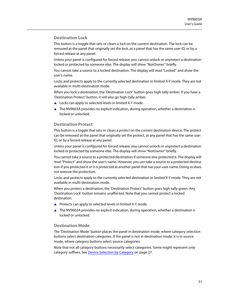 Destination lock, Destination protect, Destination mode | Grass Valley NV9603A v.1.1 User Manual | Page 41 / 68