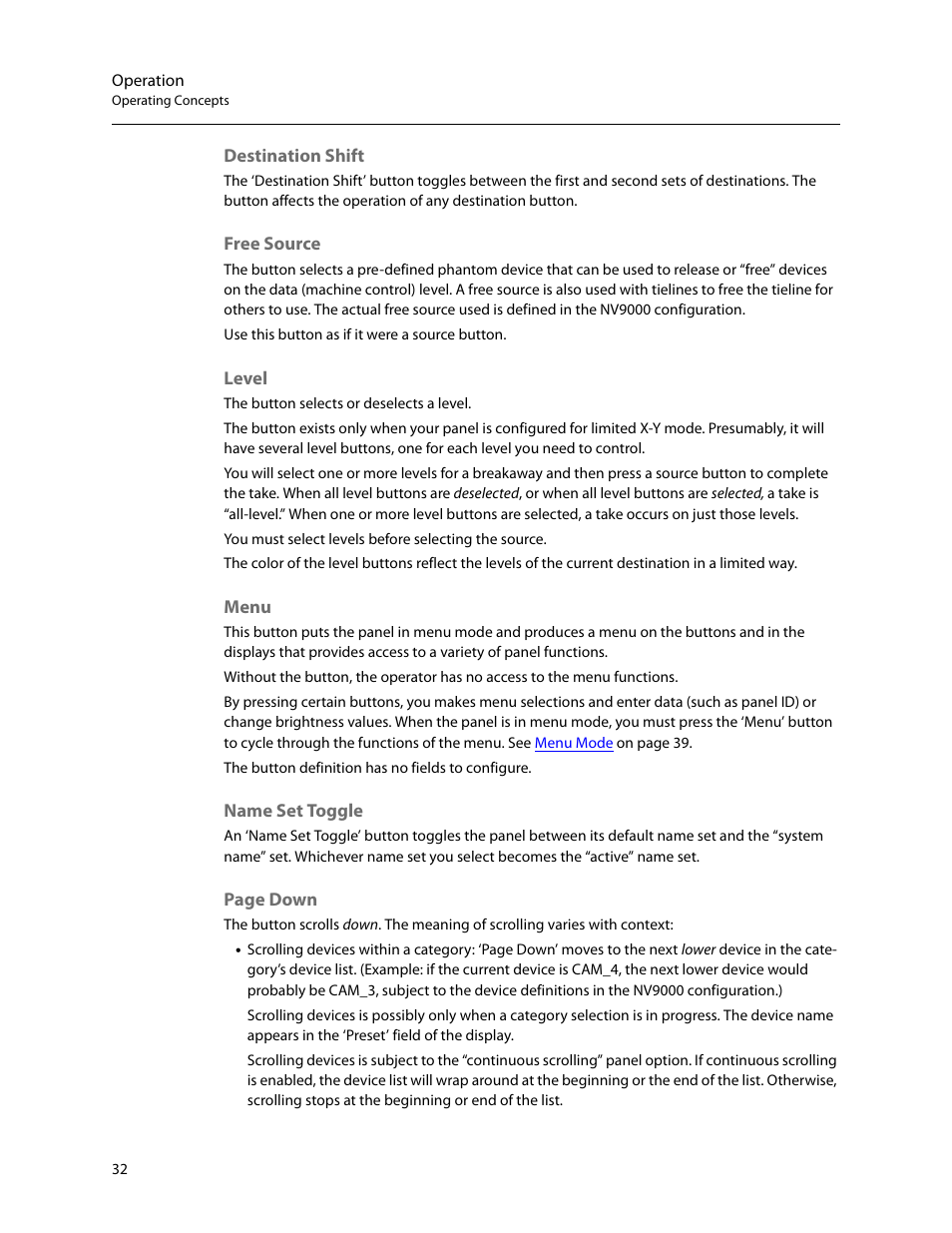 Destination shift, Free source, Level | Menu, Name set toggle | Grass Valley NV9603A v.1.1 User Manual | Page 42 / 68
