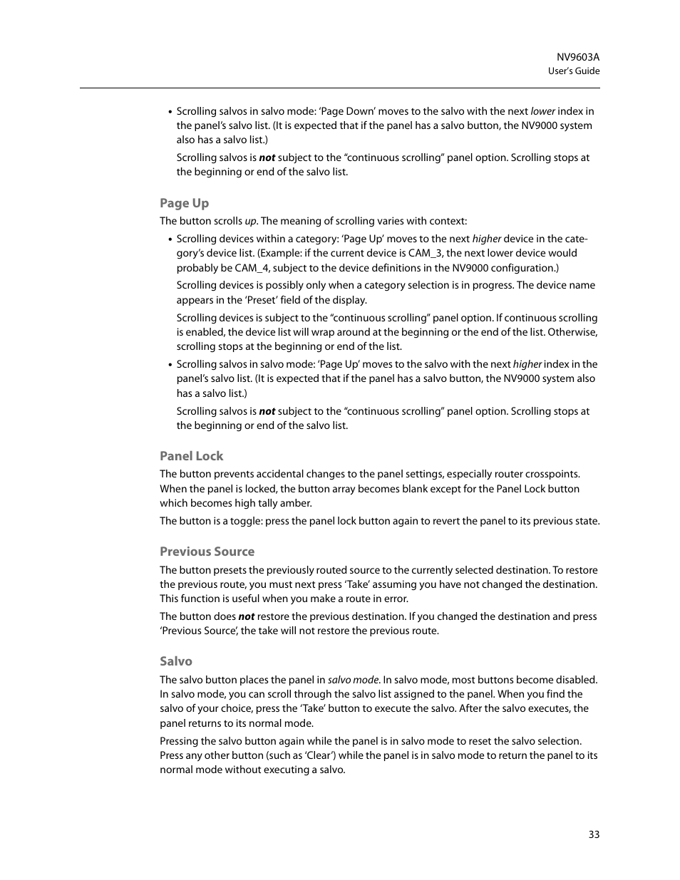 Panel lock, Previous source, Salvo | Grass Valley NV9603A v.1.1 User Manual | Page 43 / 68