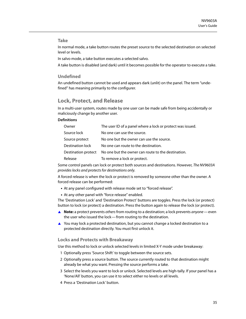 Take, Undefined, Lock, protect, and release | Locks and protects with breakaway, Take undefined | Grass Valley NV9603A v.1.1 User Manual | Page 45 / 68