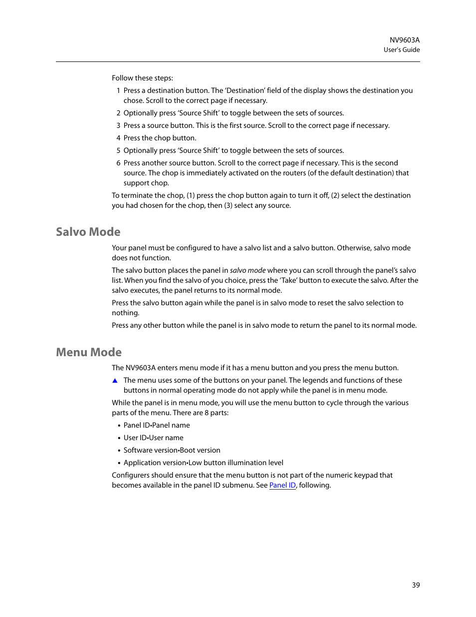 Salvo mode, Menu mode | Grass Valley NV9603A v.1.1 User Manual | Page 49 / 68
