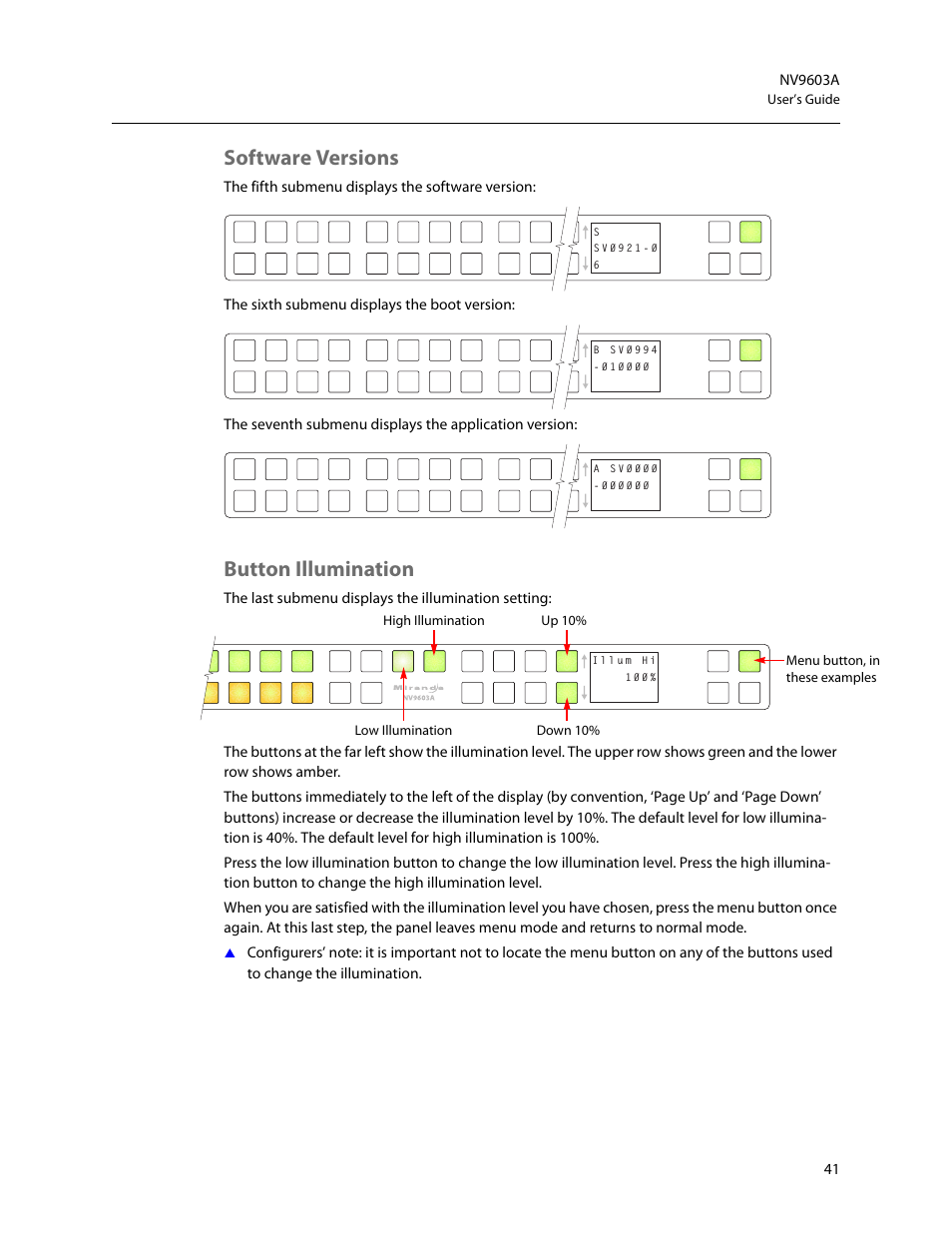 Software versions, Button illumination, Software versions button illumination | Grass Valley NV9603A v.1.1 User Manual | Page 51 / 68