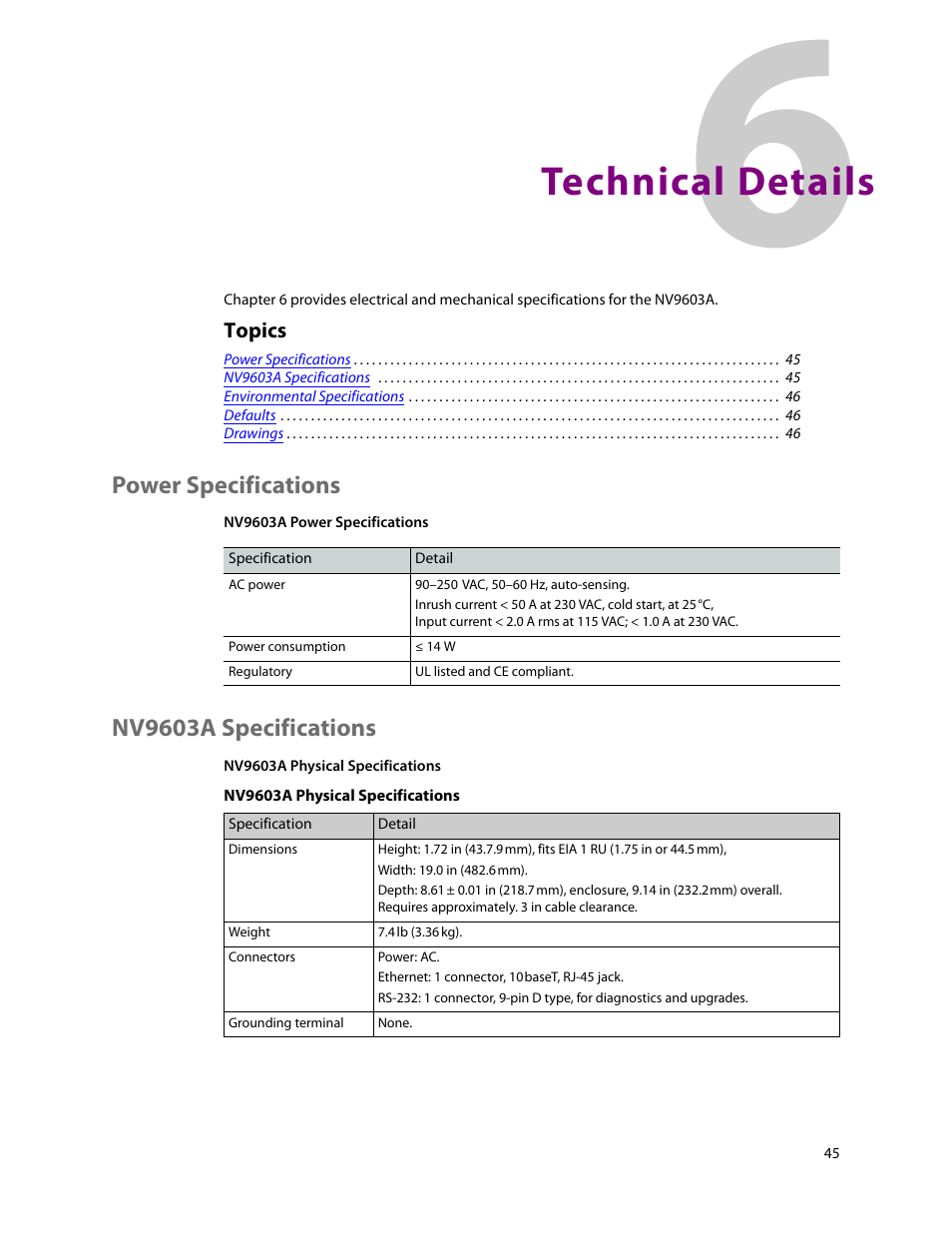 Technical details, Power specifications, Nv9603a specifications | 6 technical details, Power specifications nv9603a specifications, Chapter 6, Topics | Grass Valley NV9603A v.1.1 User Manual | Page 55 / 68