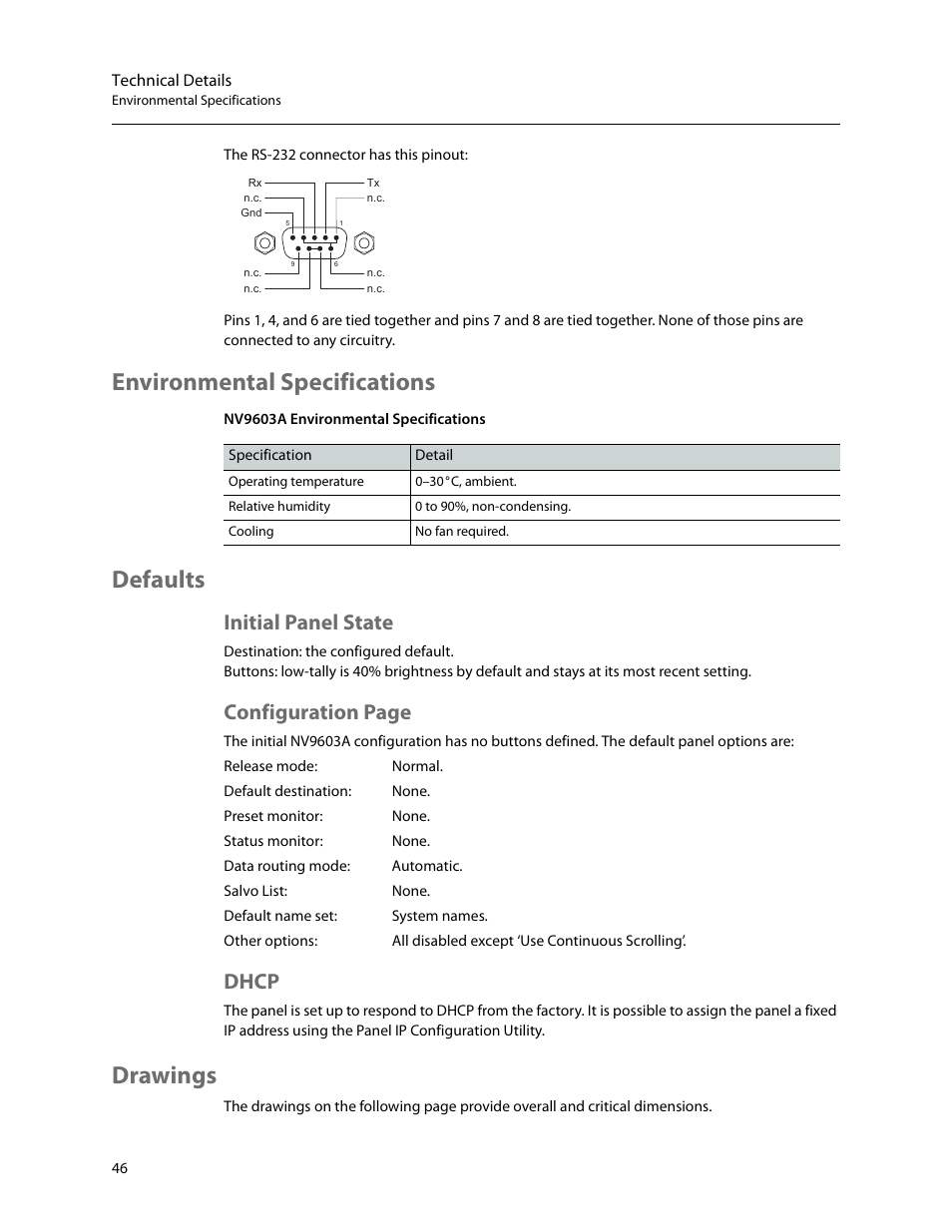 Environmental specifications, Defaults, Initial panel state | Dhcp, Drawings, Environmental specifications defaults, Configuration page | Grass Valley NV9603A v.1.1 User Manual | Page 56 / 68
