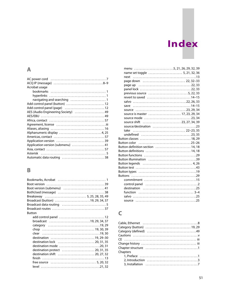 Index | Grass Valley NV9603A v.1.1 User Manual | Page 61 / 68
