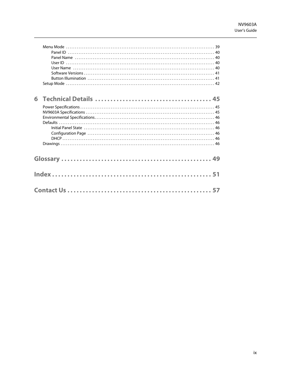 6 technical details, Glossary index contact us | Grass Valley NV9603A v.1.1 User Manual | Page 9 / 68
