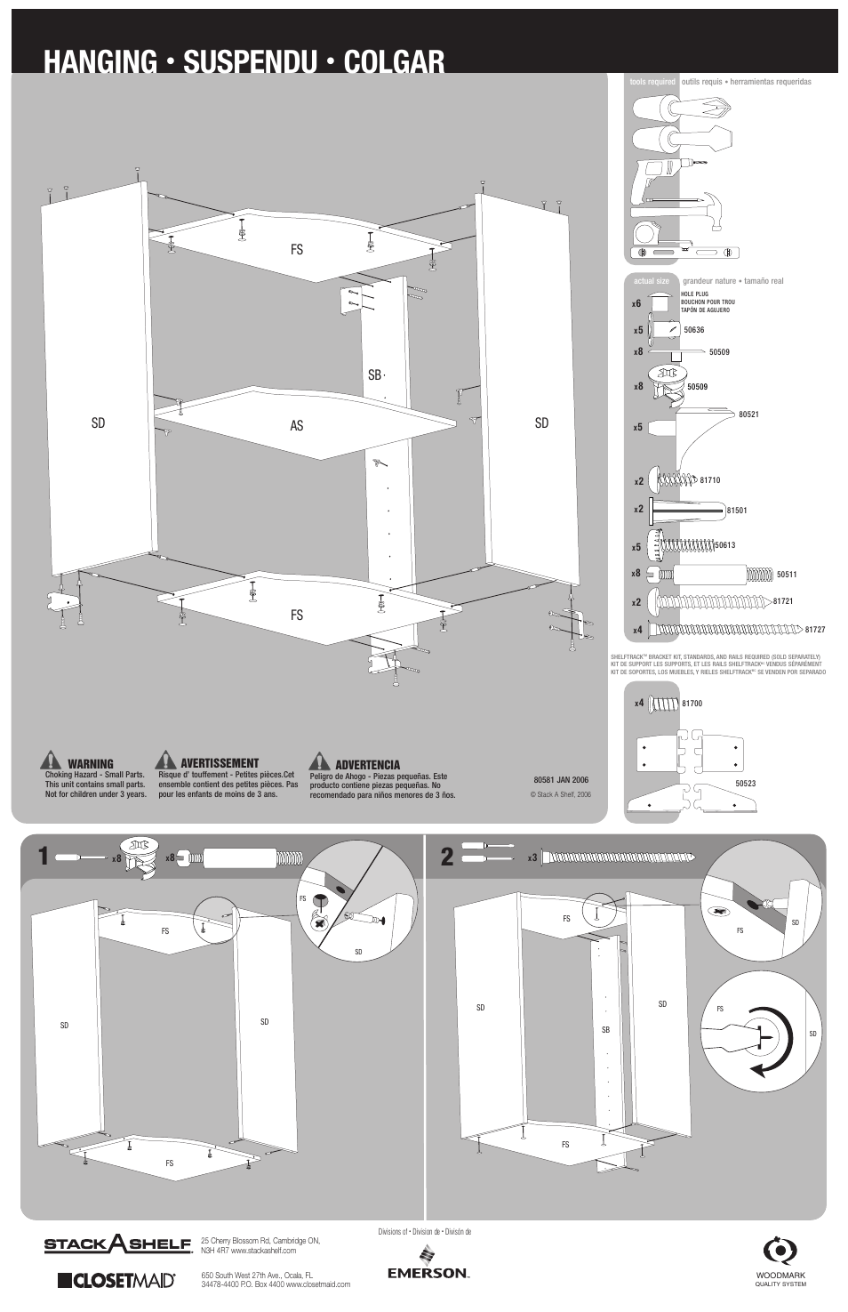 Hanging, Suspendu, Colgar | Sd sb sd fs fs as | Closet Maid Stackable 3 Shelf Corner Organizer SRNR User Manual | Page 3 / 4