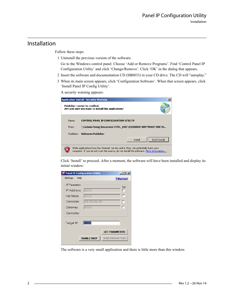 Installation, Panel ip configuration utility | Grass Valley NV9000 v.1.2 User Manual | Page 2 / 10