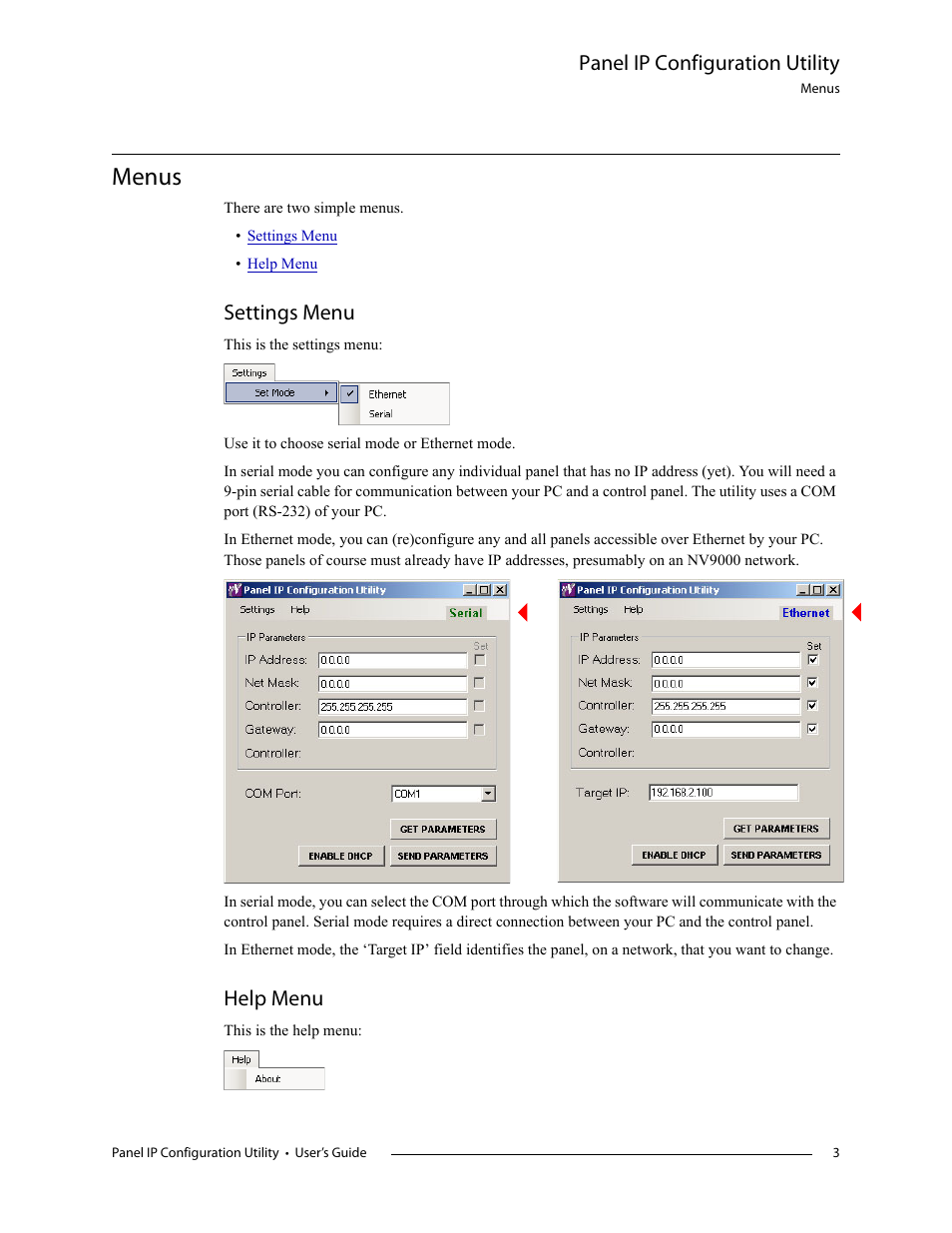 Menus, Panel ip configuration utility, Settings menu | Help menu | Grass Valley NV9000 v.1.2 User Manual | Page 3 / 10