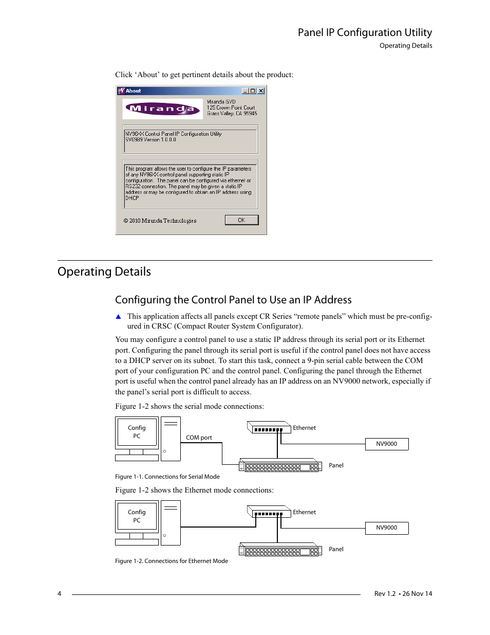 Operating details, Panel ip configuration utility, Configuring the control panel to use an ip address | Grass Valley NV9000 v.1.2 User Manual | Page 4 / 10