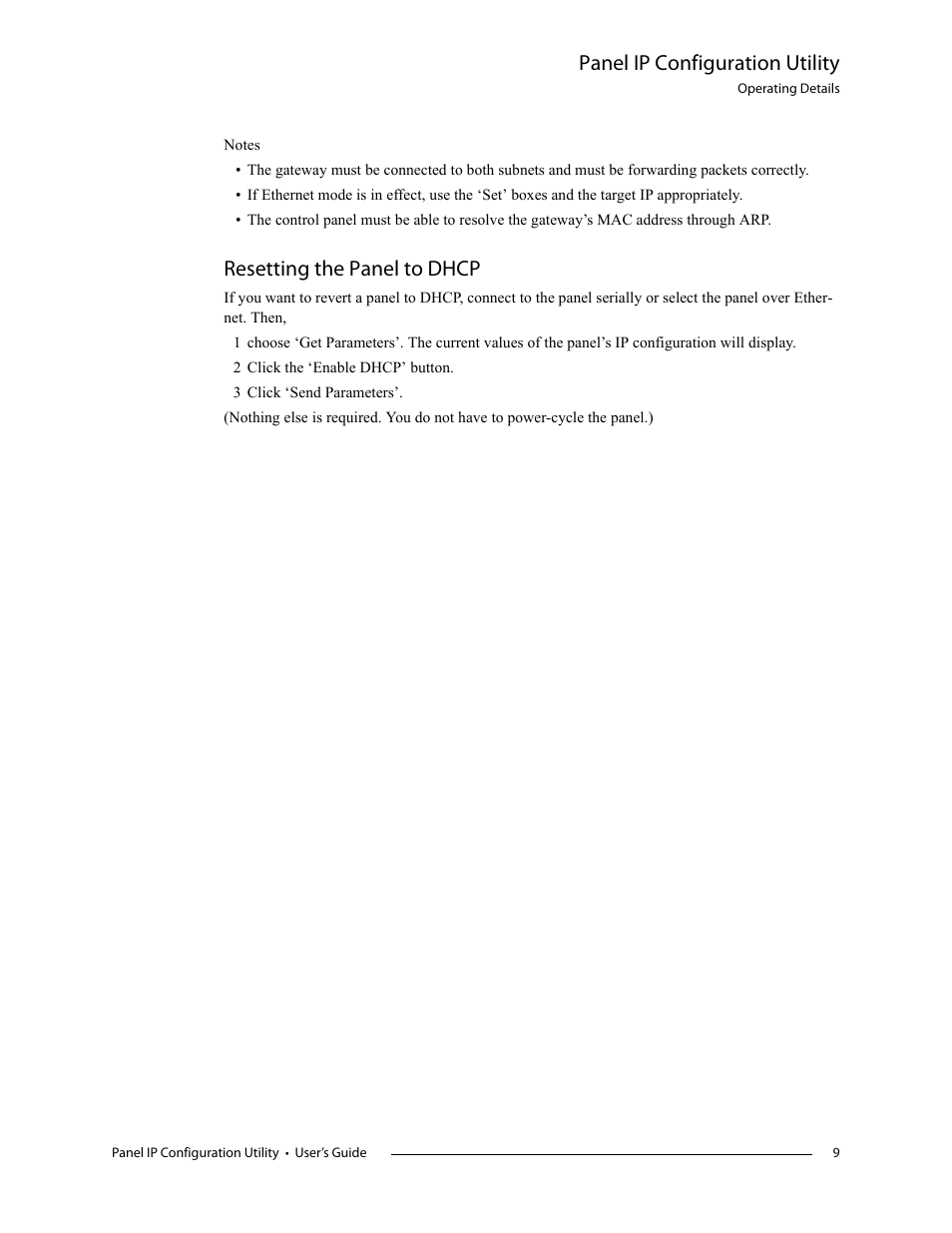 Panel ip configuration utility, Resetting the panel to dhcp | Grass Valley NV9000 v.1.2 User Manual | Page 9 / 10