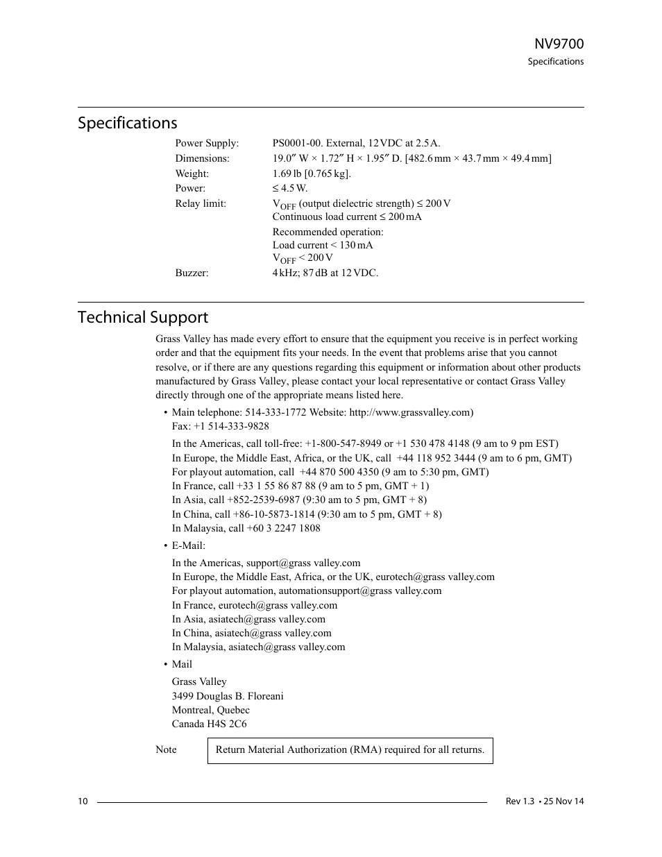 Specifications, Technical support, Nv9700 | Grass Valley NV9700 v.1.3 User Manual | Page 10 / 10