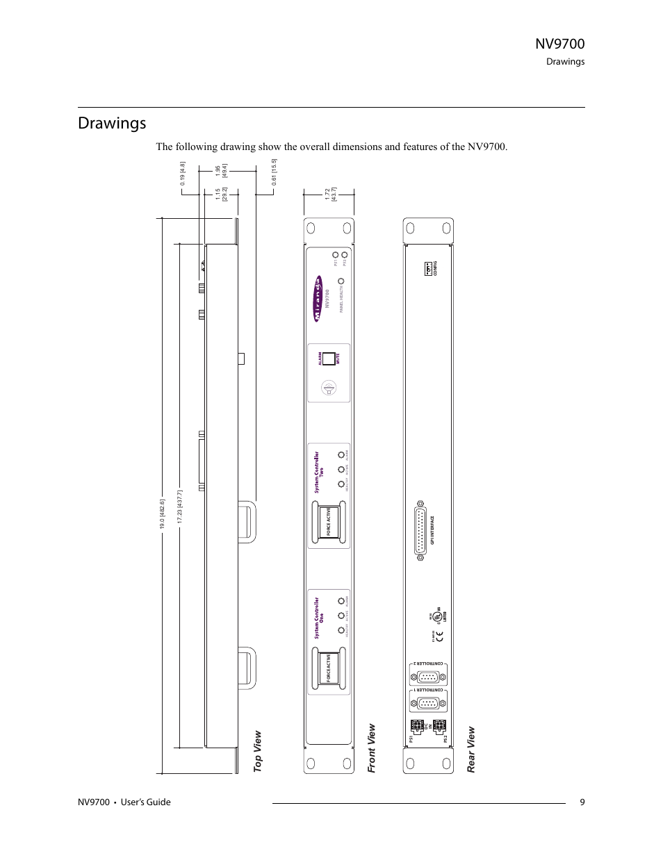 Nv9700, Drawings, Top v iew front v iew rear v iew | Grass Valley NV9700 v.1.3 User Manual | Page 9 / 10