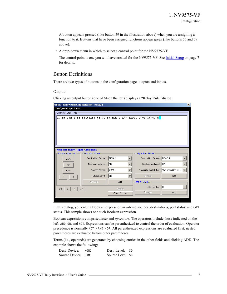 Button definitions, Outputs, Nv9575-vf | Grass Valley NV9575-VF v.1.1 Nov 25 2014 User Manual | Page 3 / 12