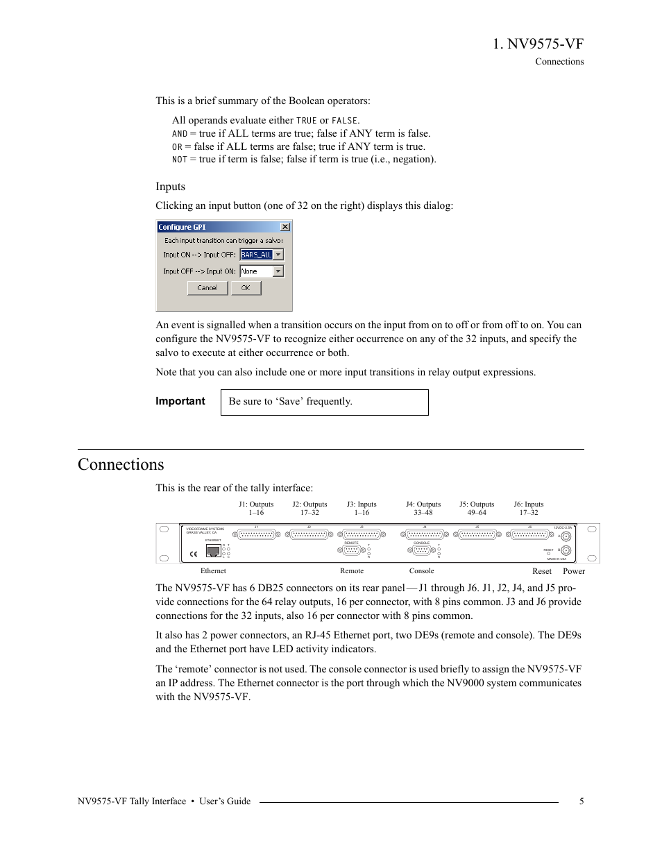 Inputs, Connections, Nv9575-vf | Grass Valley NV9575-VF v.1.1 Nov 25 2014 User Manual | Page 5 / 12