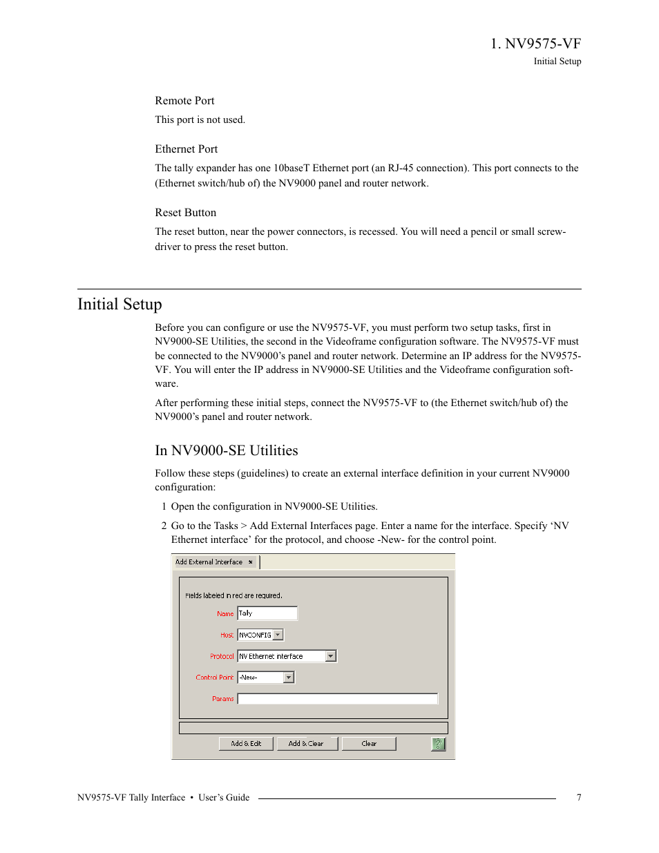 Remote port, Ethernet port, Reset button | Initial setup, In nv9000-se utilities, Nv9575-vf | Grass Valley NV9575-VF v.1.1 Nov 25 2014 User Manual | Page 7 / 12