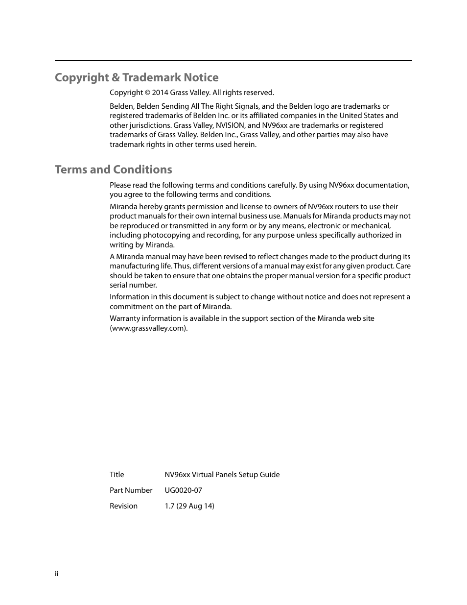 Copyright & trademark notice, Terms and conditions | Grass Valley NV96xxV Windows v.1.7 User Manual | Page 2 / 22