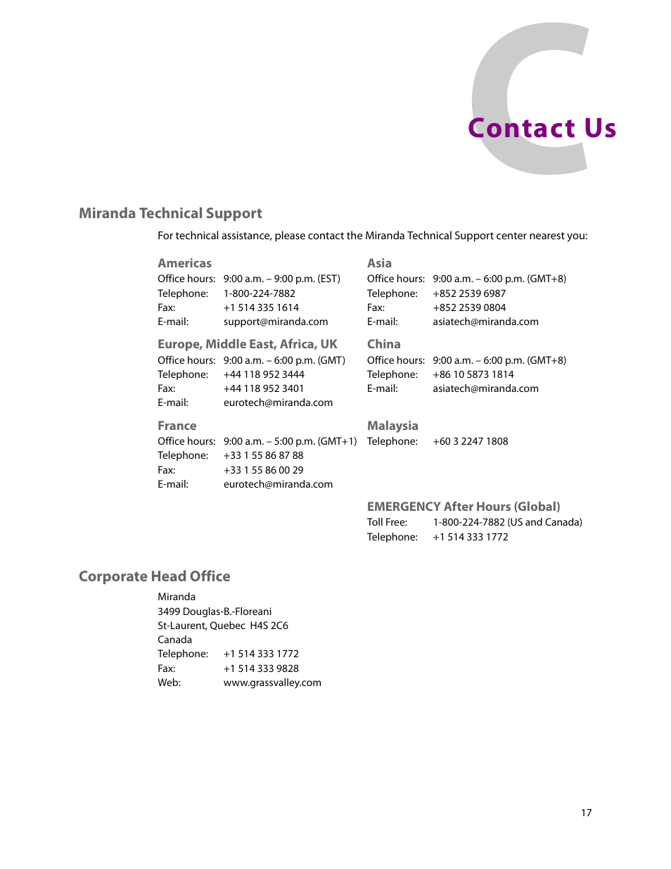 Contact us, Miranda technical support, Corporate head office | Grass Valley NV96xxV Windows v.1.7 User Manual | Page 21 / 22