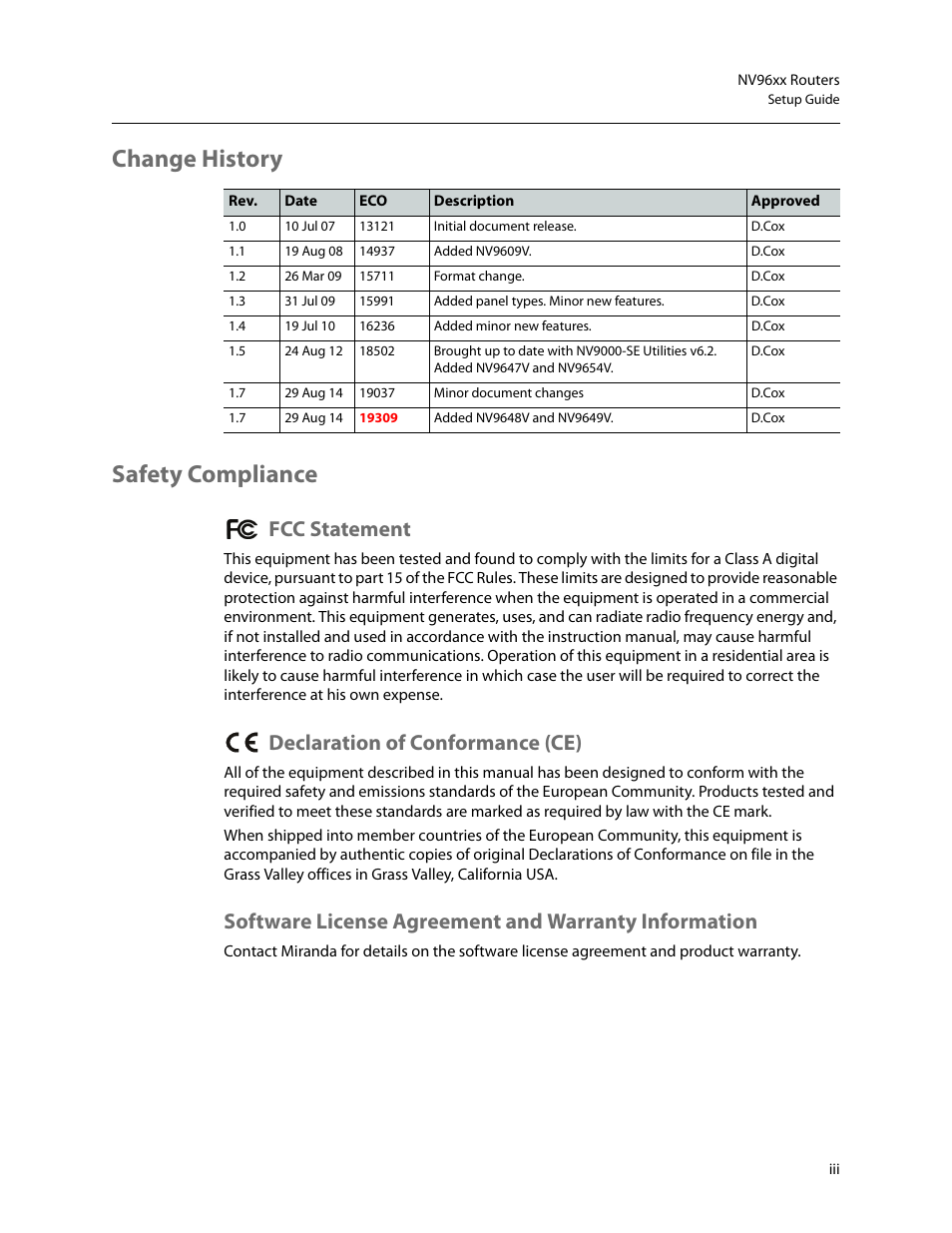 Change history safety compliance, Fcc statement, Declaration of conformance (ce) | Grass Valley NV96xxV Windows v.1.7 User Manual | Page 3 / 22