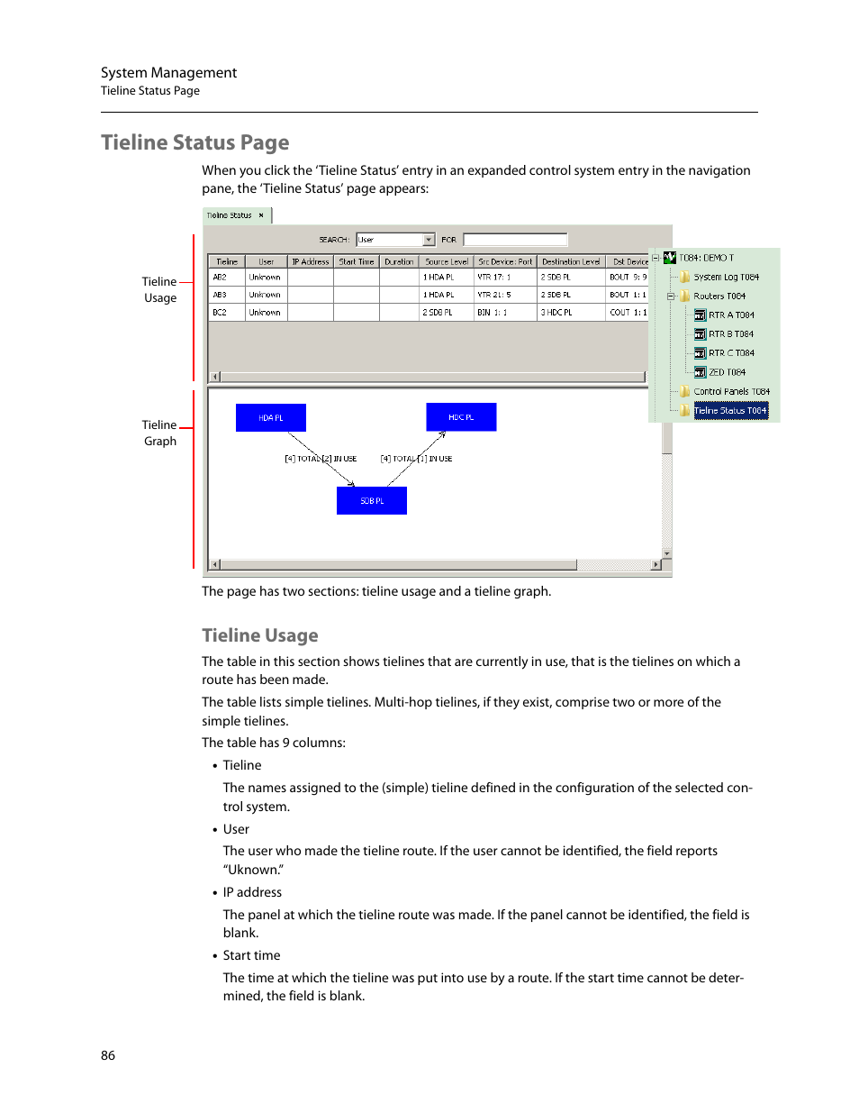 Tieline usage, Tieline status page | Grass Valley NV9000-SE v.5.0 User Manual | Page 104 / 540